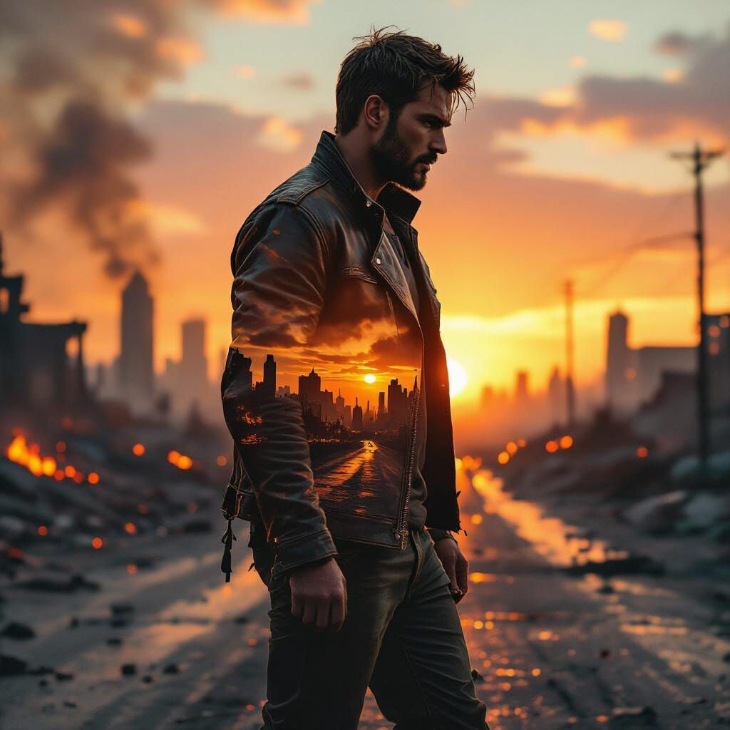 Post-Apocalyptic Man Walks Through Burning City