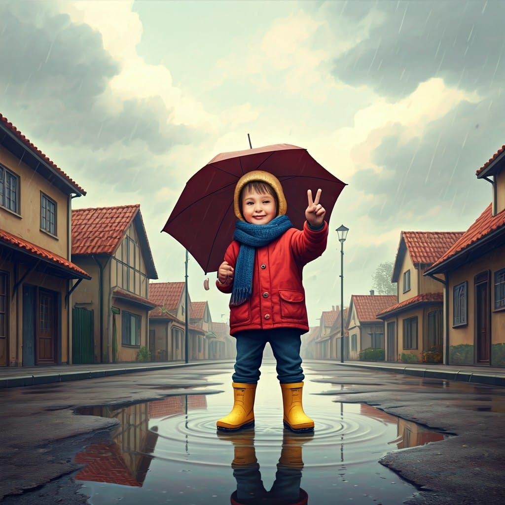 Cheerful Boy Waving Umbrella in Winter Puddle