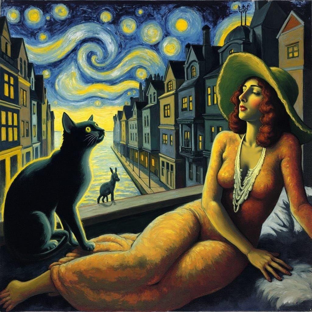 Woman with Black Cat: Surreal Impressionist Oil Painting