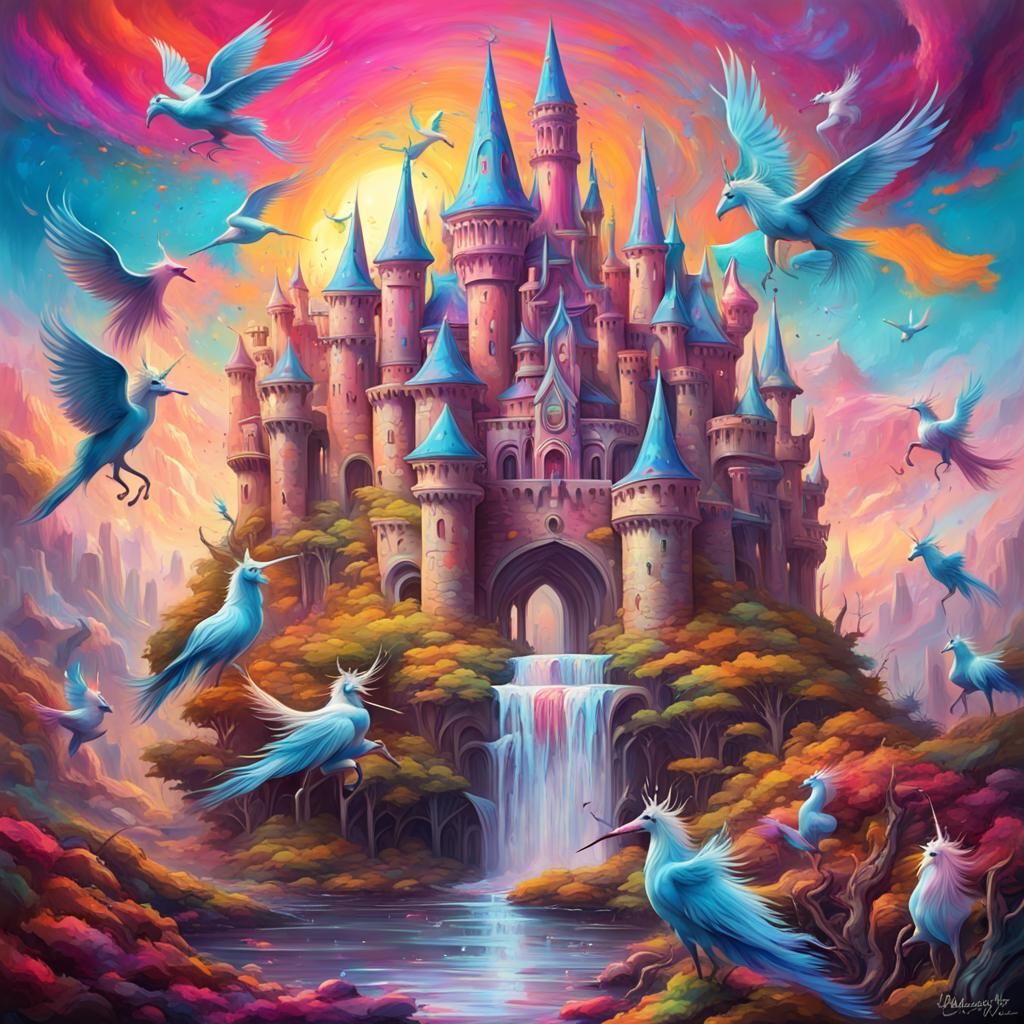 Psychedelic Fantasy Castle with Unicorns and Birds