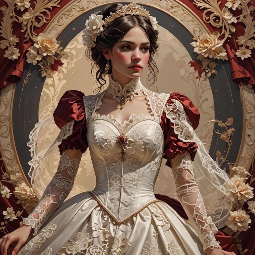 Cream Lace Wedding Dress Portrait in Hyperdetailed Style