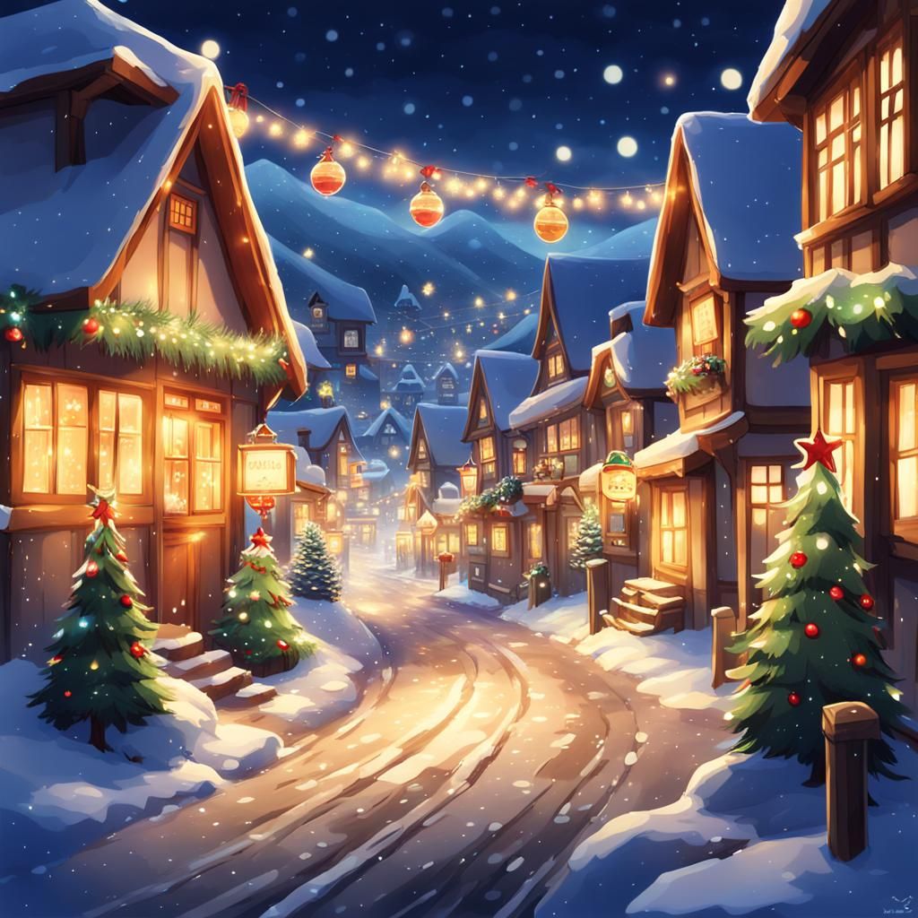 Cozy Christmas Village Street in Anime Style