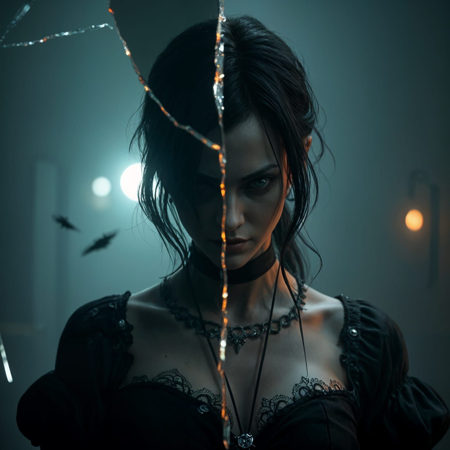 Goth Woman Stares into Shattered Mirror