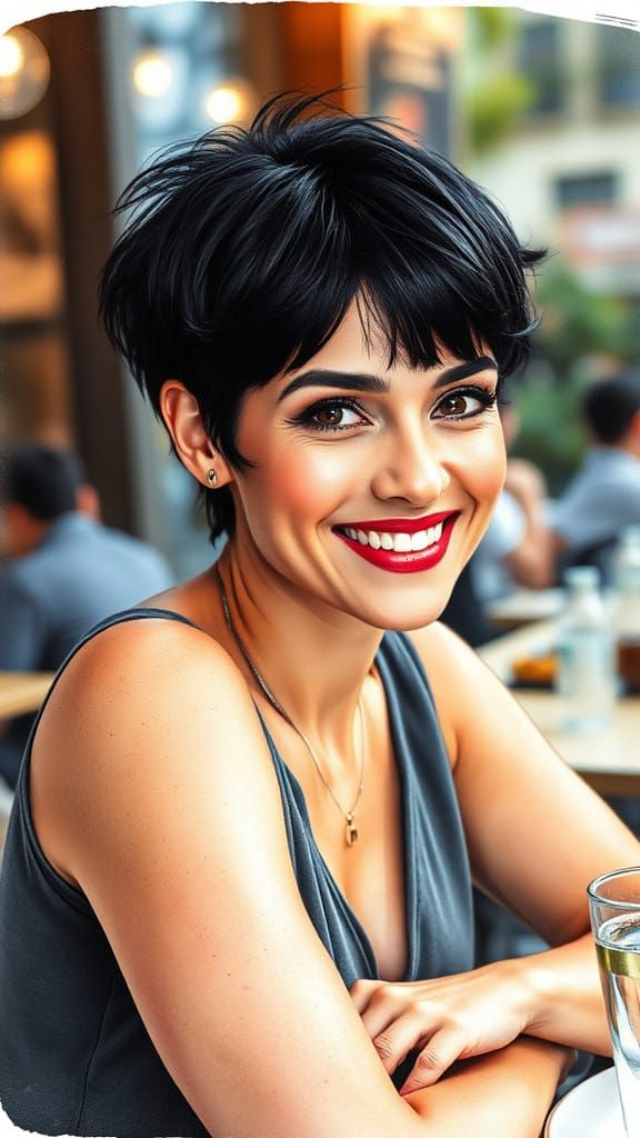 Elegant Woman in French Café Setting, Watercolour and Ink Ar...