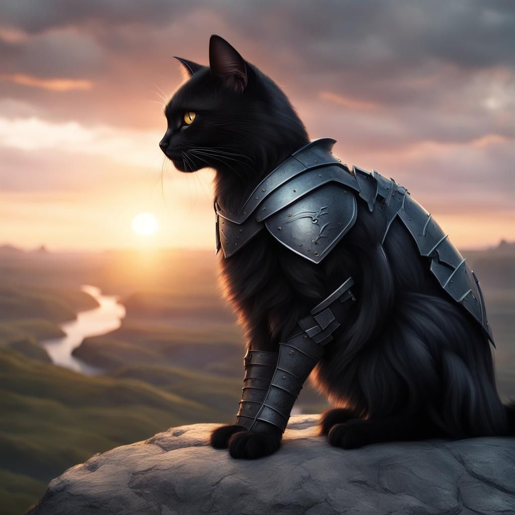 Armored Black Cat Warrior at Sunset