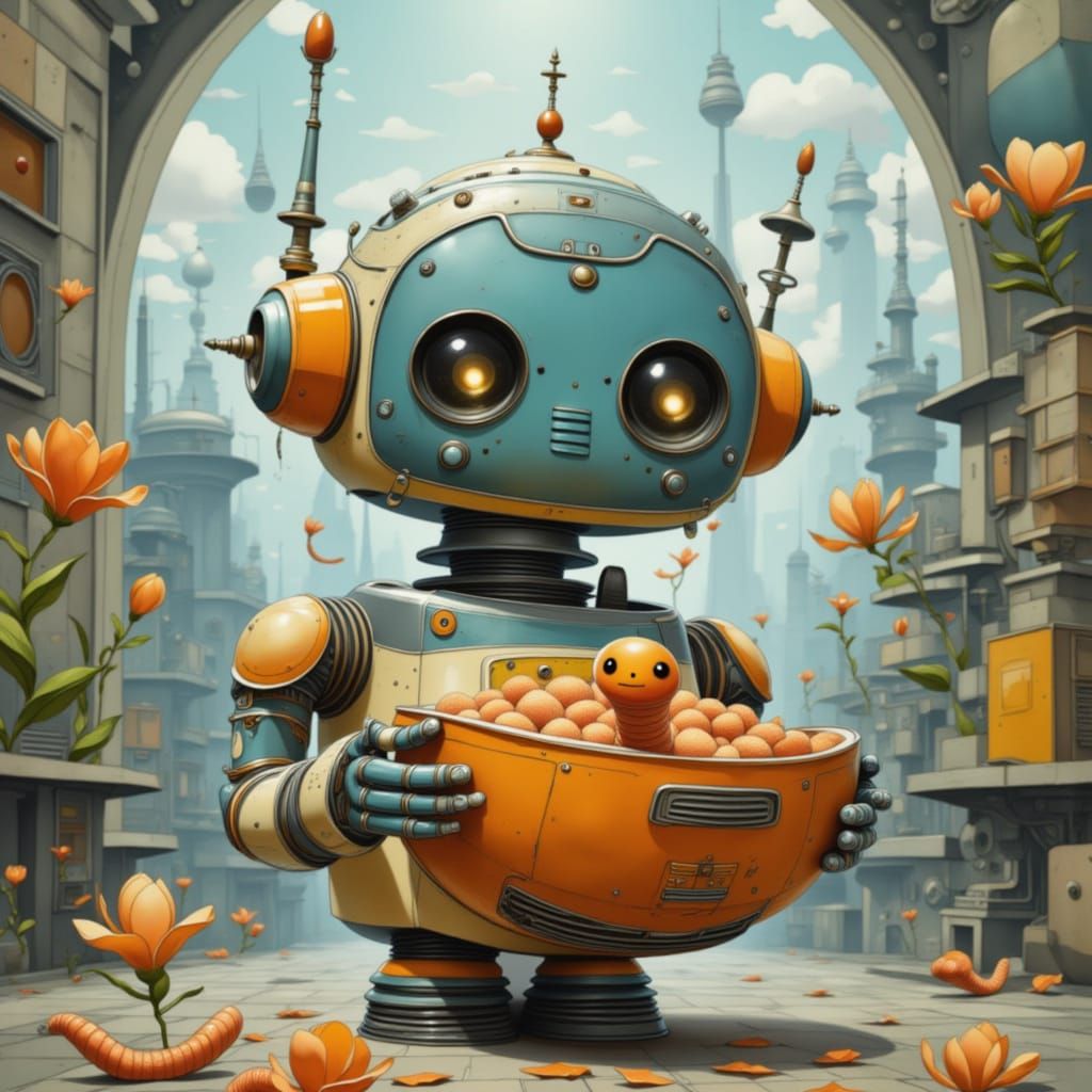 Cute Robot with Worm in Watercolor Style