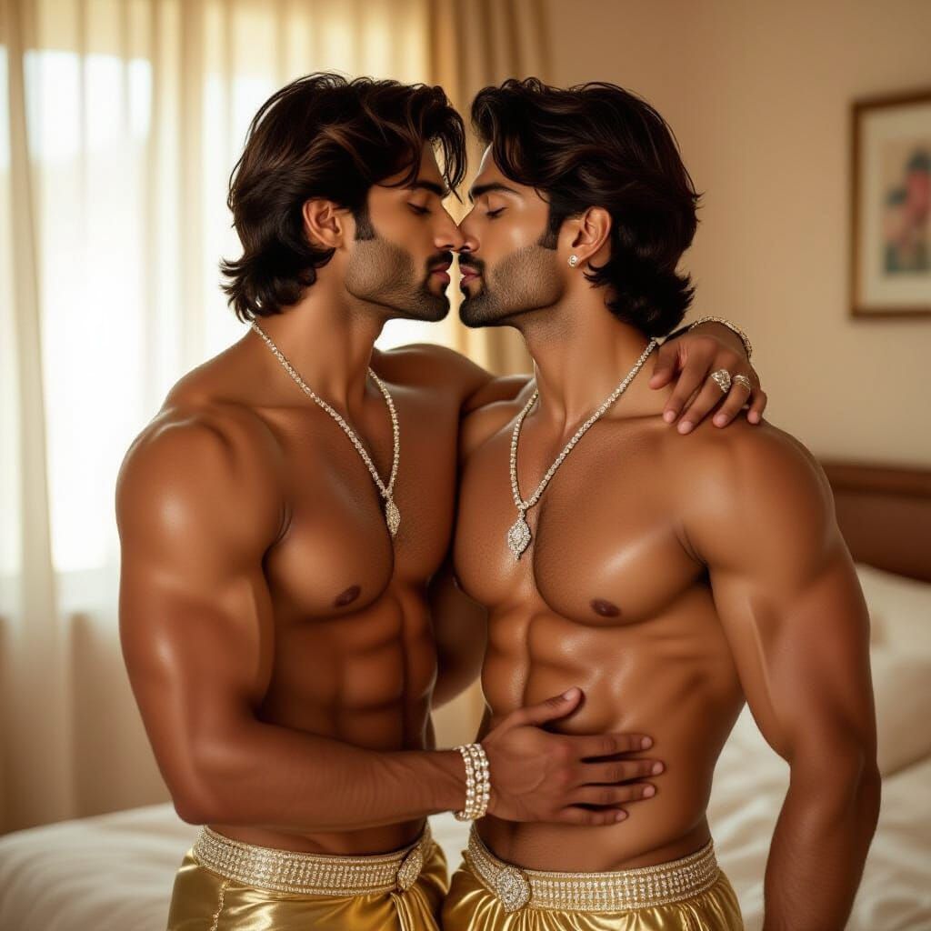 Two Indian Men Embrace: Bollywood Editorial Style