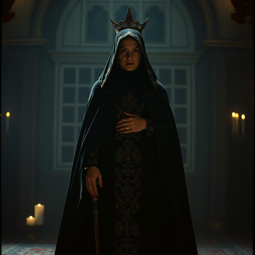 Mysterious Black Cloaked Woman in Italian Renaissance Settin...