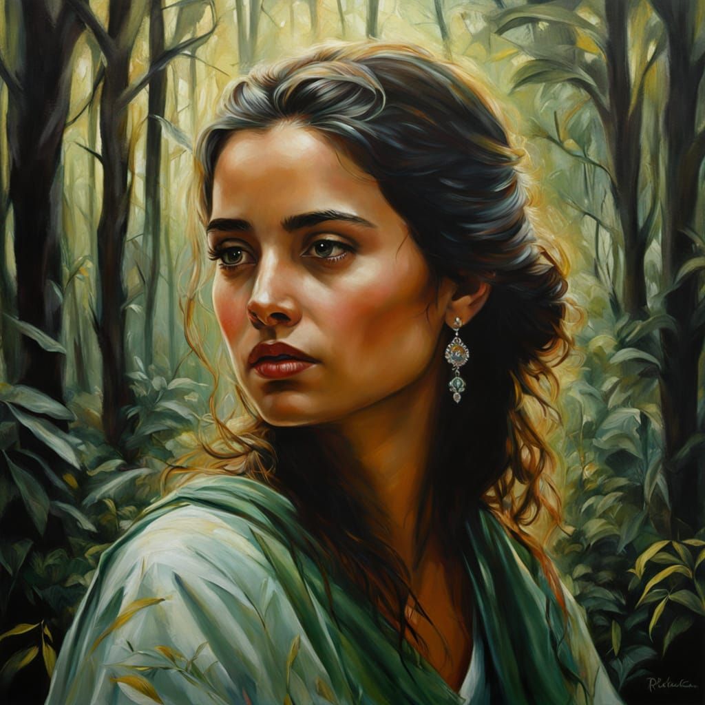 Baroque Woman in Forest, Oil Painting Style