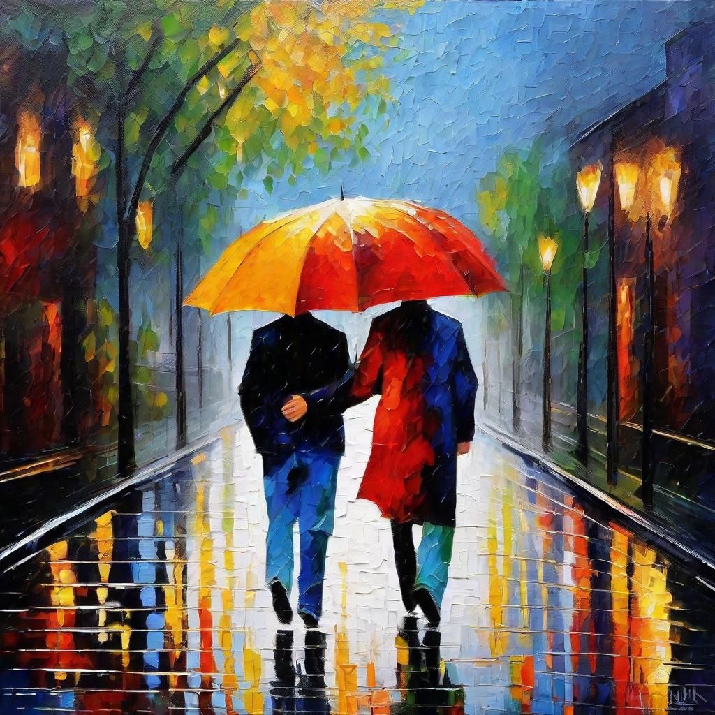 Passionate Embrace in Rainy Expressionist Painting