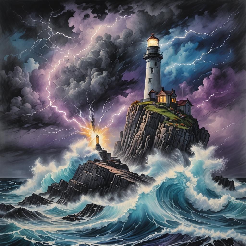 Dramatic Lighthouse in Storm: Charcoal Drawing