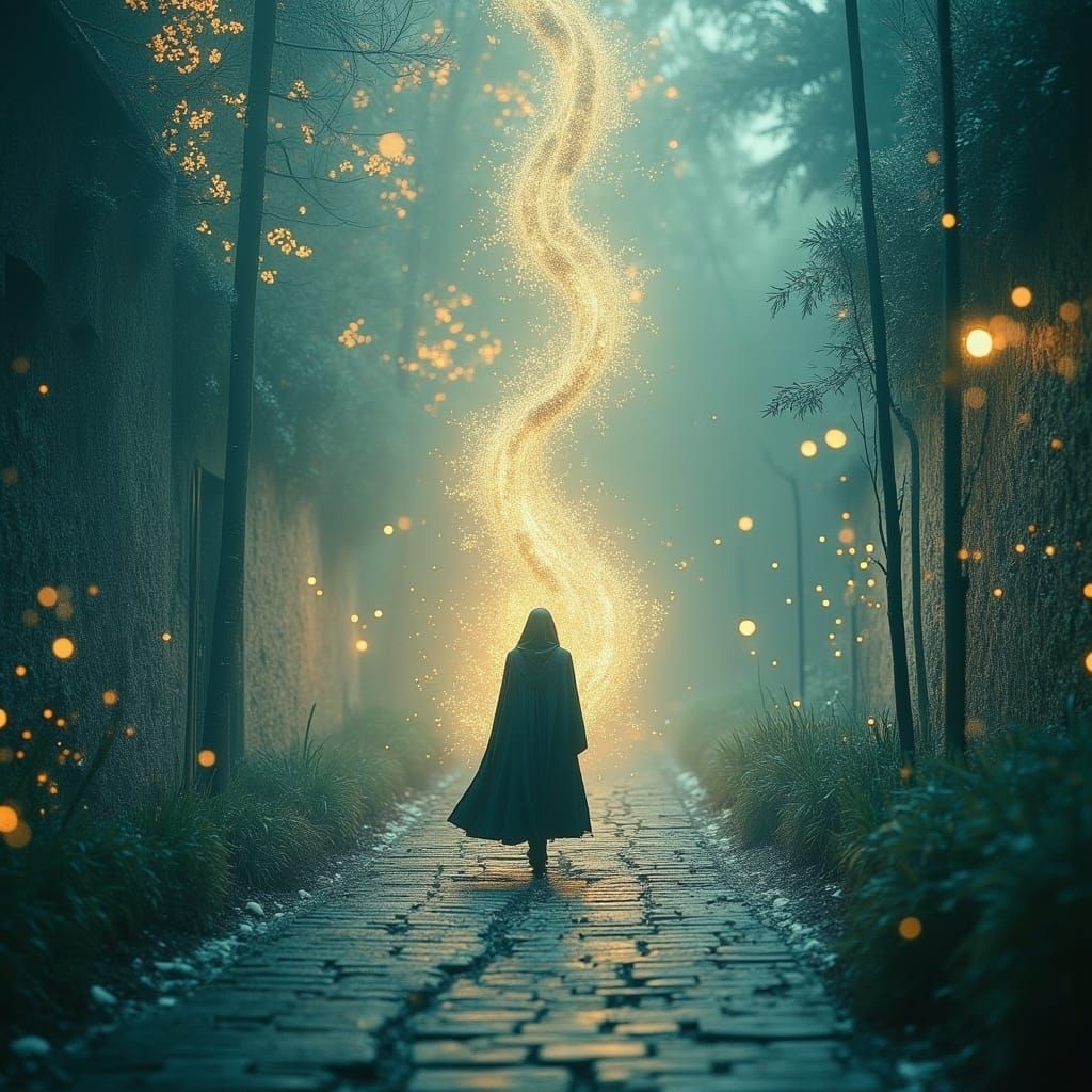 Figure at Memory Crossroads in Luminous, Surreal Style