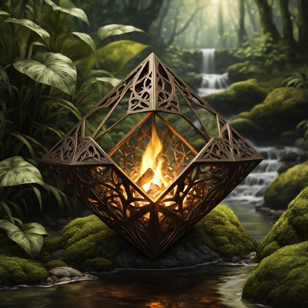 Bronze Octahedron with Fire in Jungle Setting