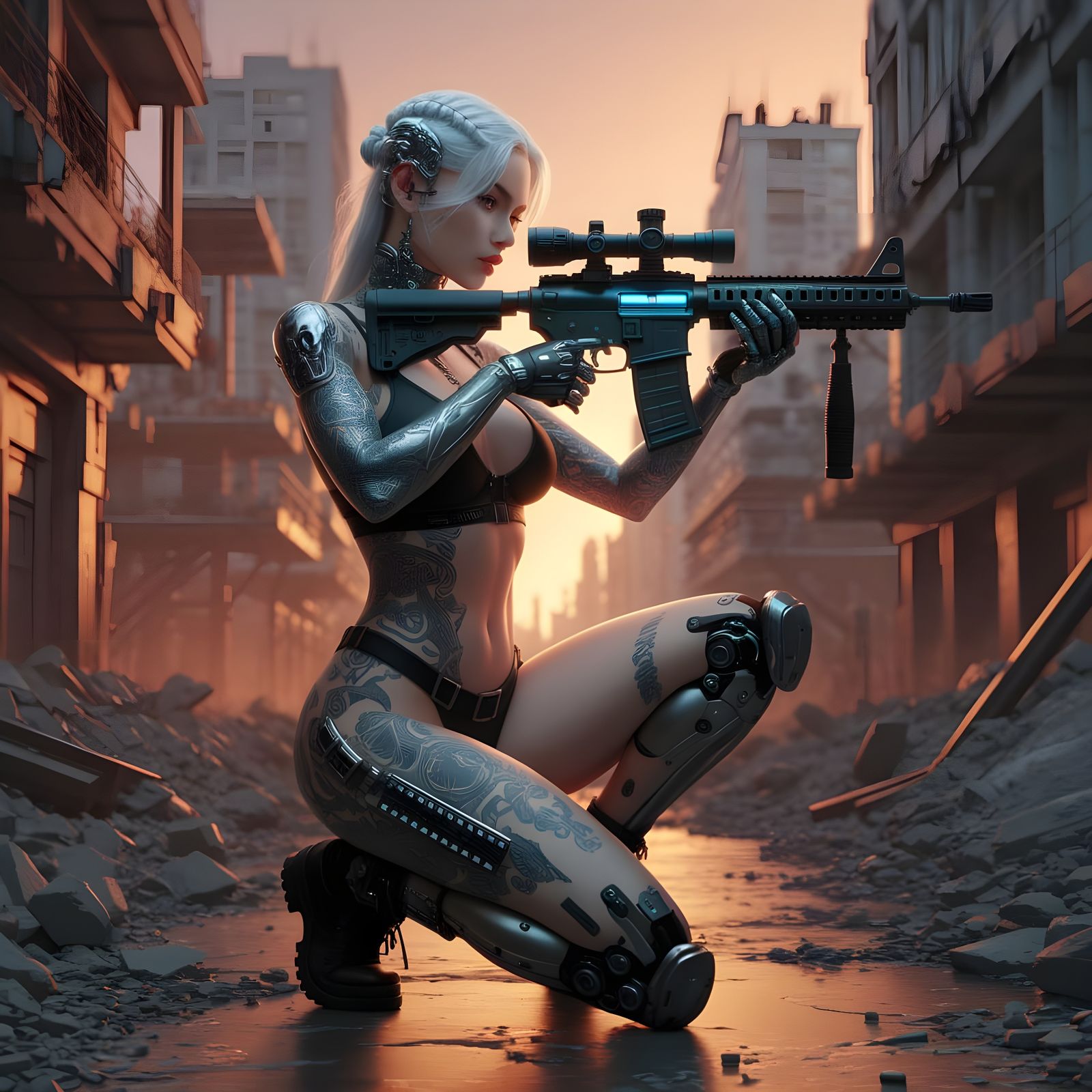 Cyberpunk Goddess Kneels in Post-Apocalyptic Cityscape