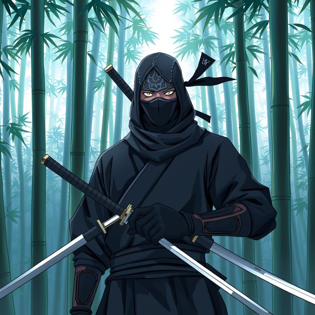 Mysterious Ninja Emerges in Bamboo Forest Scene