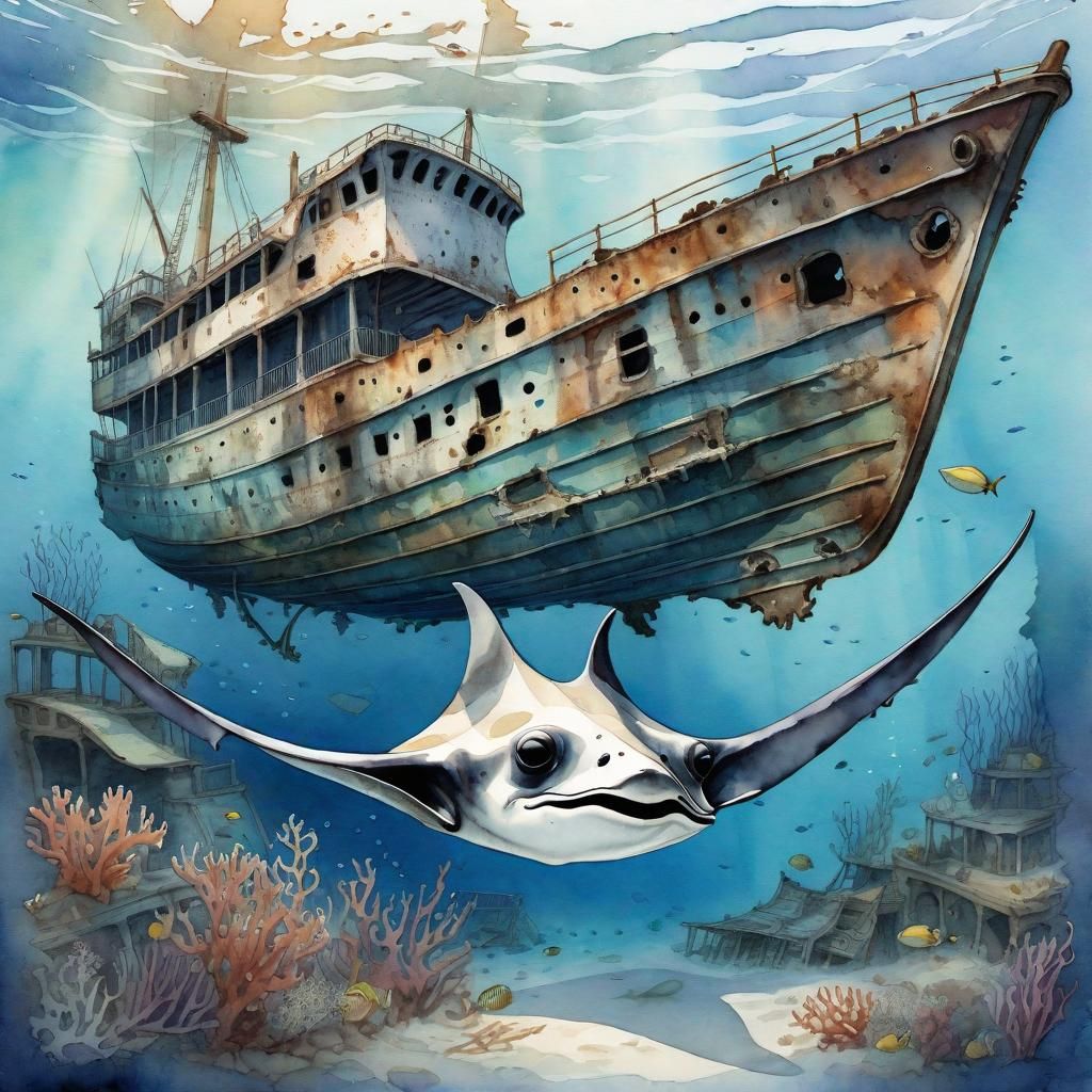 Manta Ray and Shipwreck: Watercolor Storybook Scene