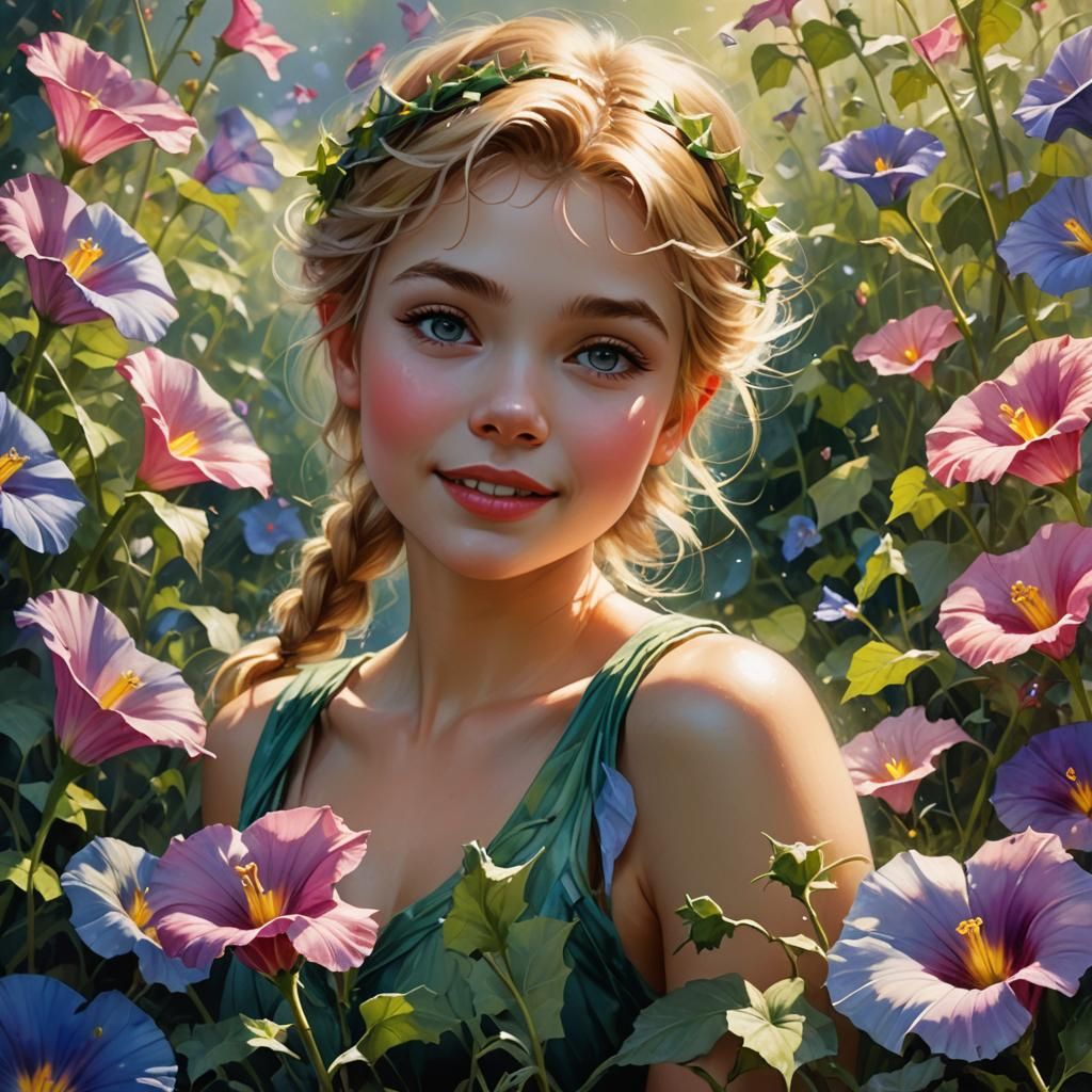 Tinkerbell Fairy in Morning Glory Field Gouache Painting