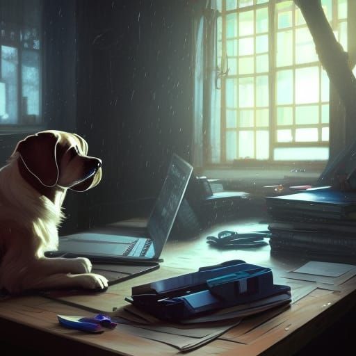 Dog Using Laptop: Hyperdetailed Concept Art