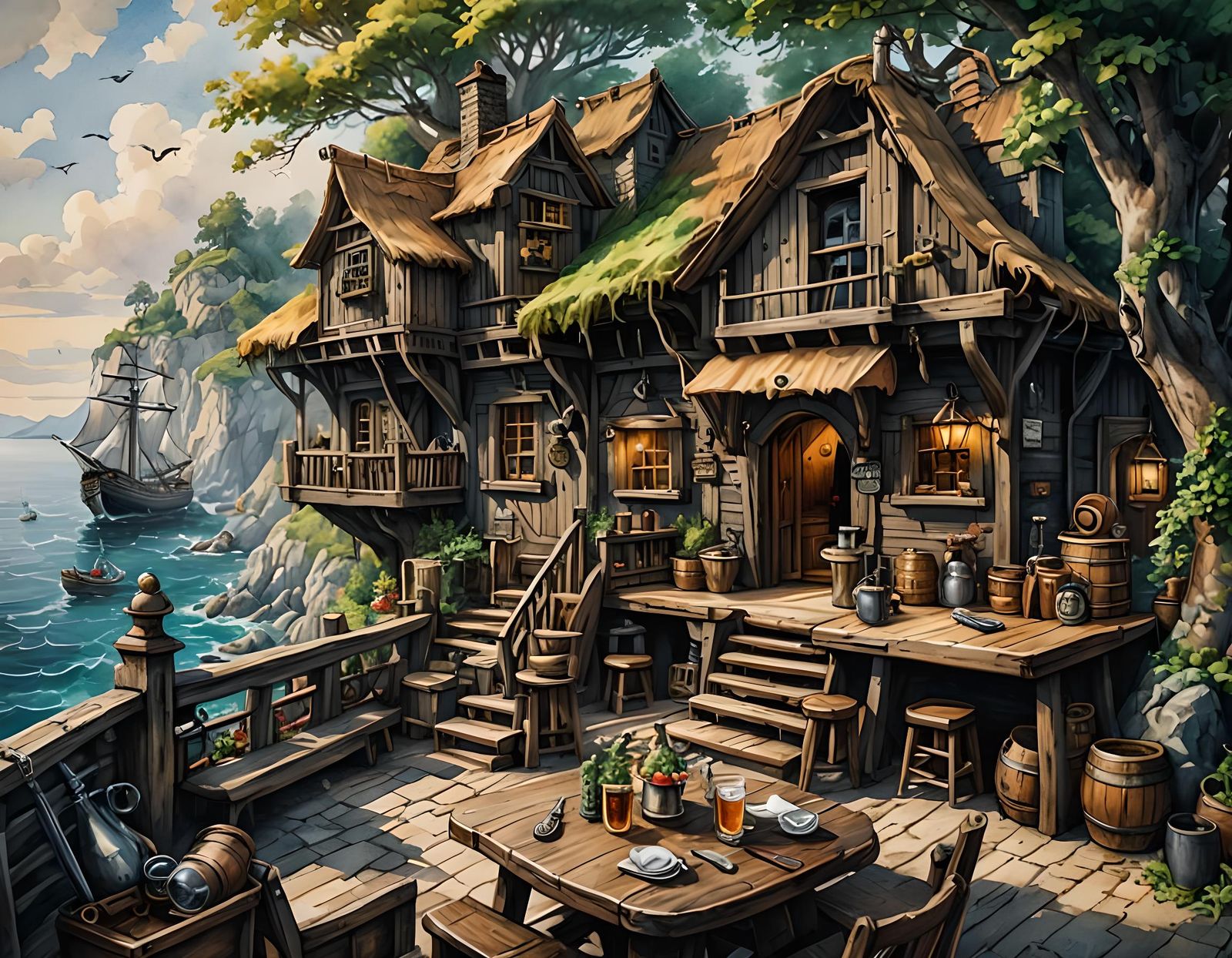 Pirate tavern cozy on the sea coast.