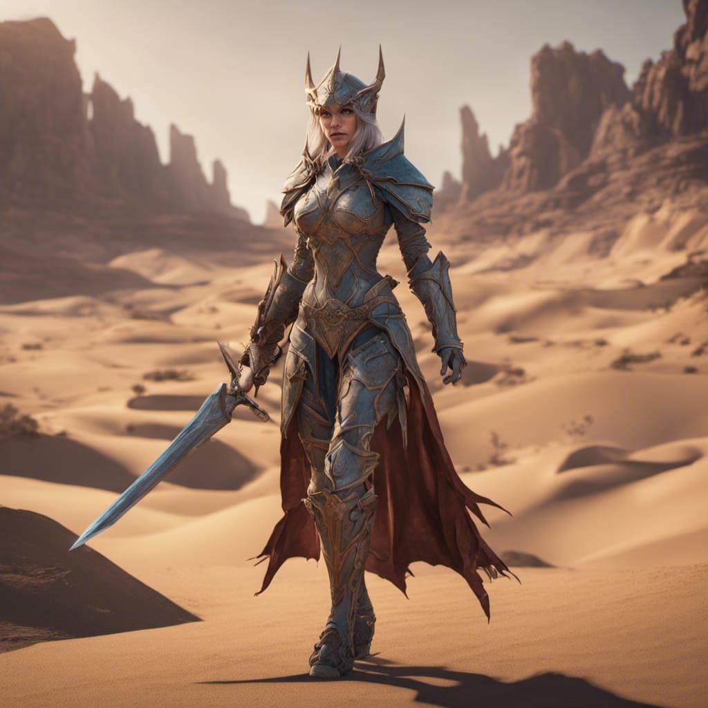 Fantasy Elf Knight in Desert Landscape, Detailed Matte Paint...