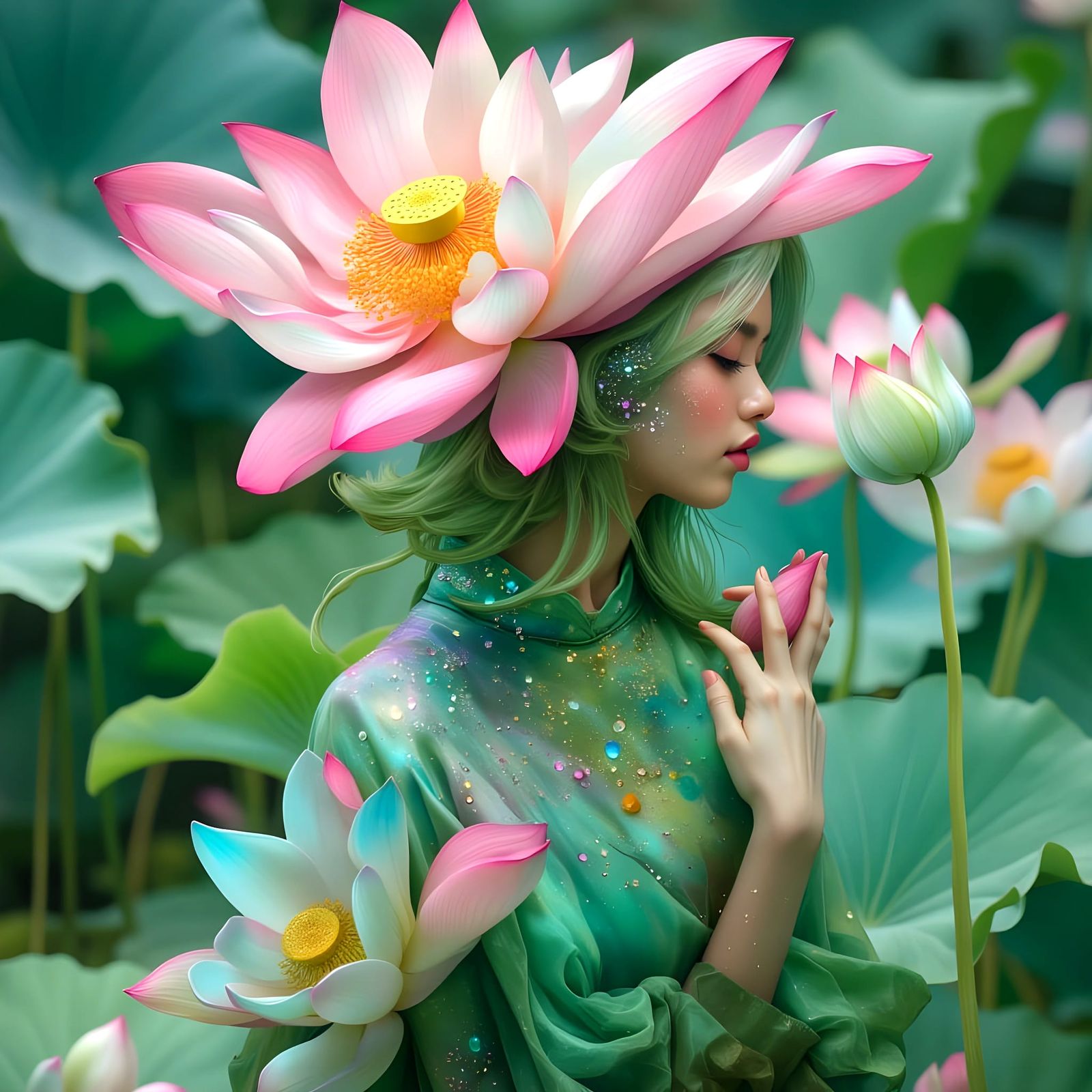 Ethereal Lotus Guardian in Soft Focus Watercolour Style