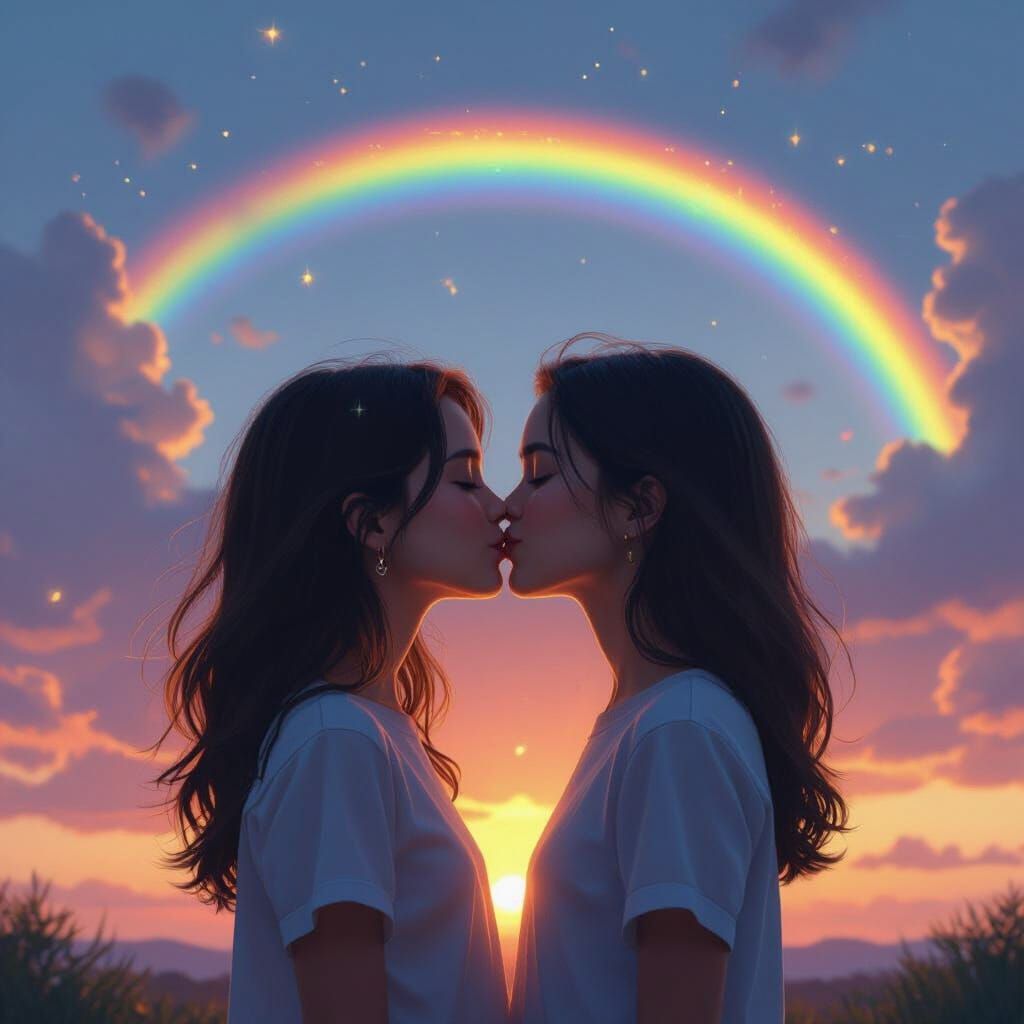 Romantic Rainbow Sunset Silhouette of Two Women Kissing