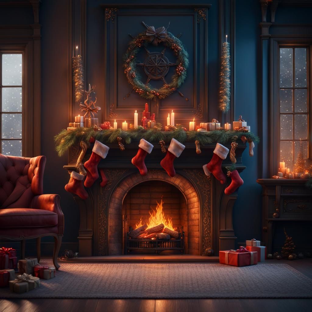 Detailed Christmas Fireplace in Matte Painting Style