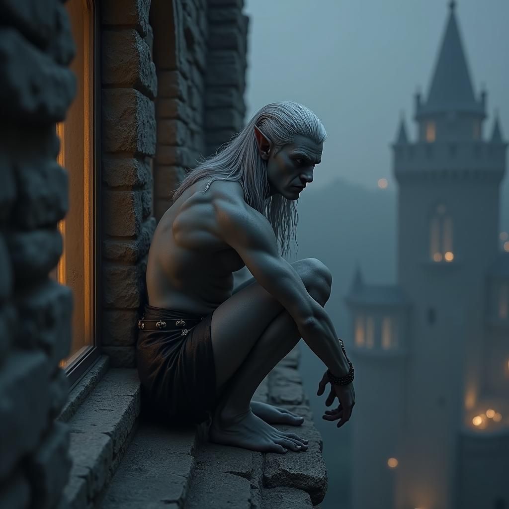 Drow Rogue on Castle Ledge in Luis Royo Style
