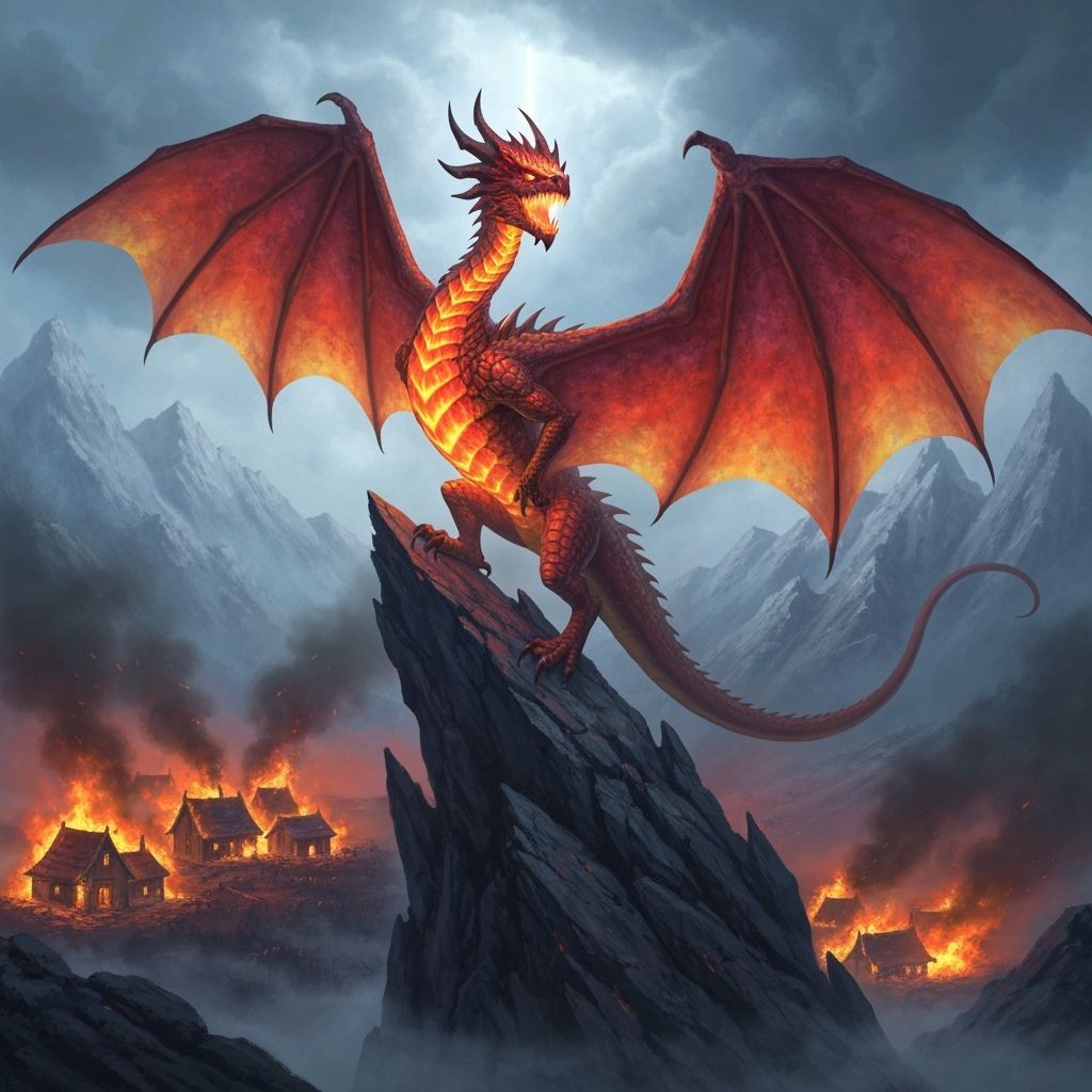 Fearsome Dragon Overlooks Burning Village in Epic Fantasy Ar...