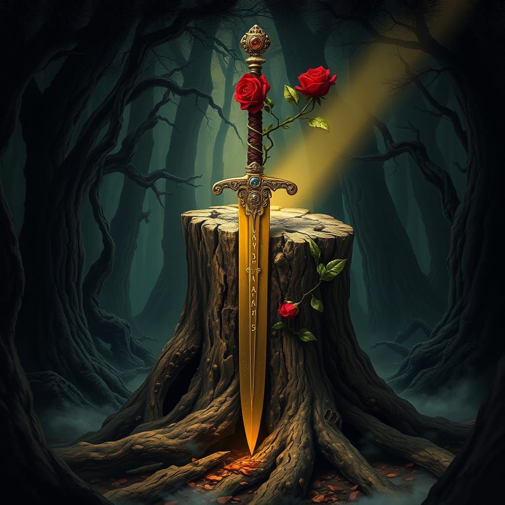 Mystical Tree Stump with Sword in Dark Forest