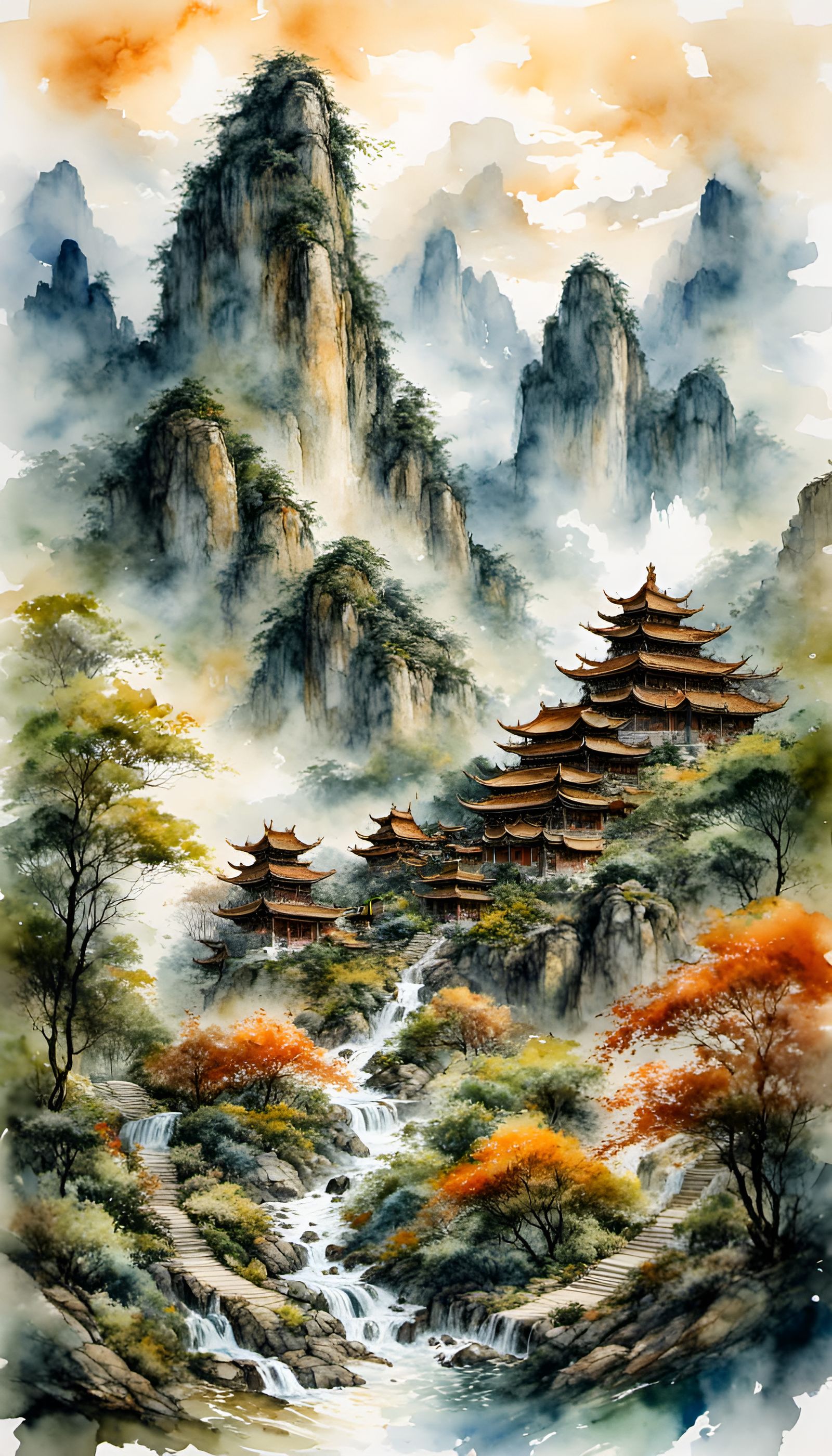 Chinese Highlands Temple in Impasto Guache Style