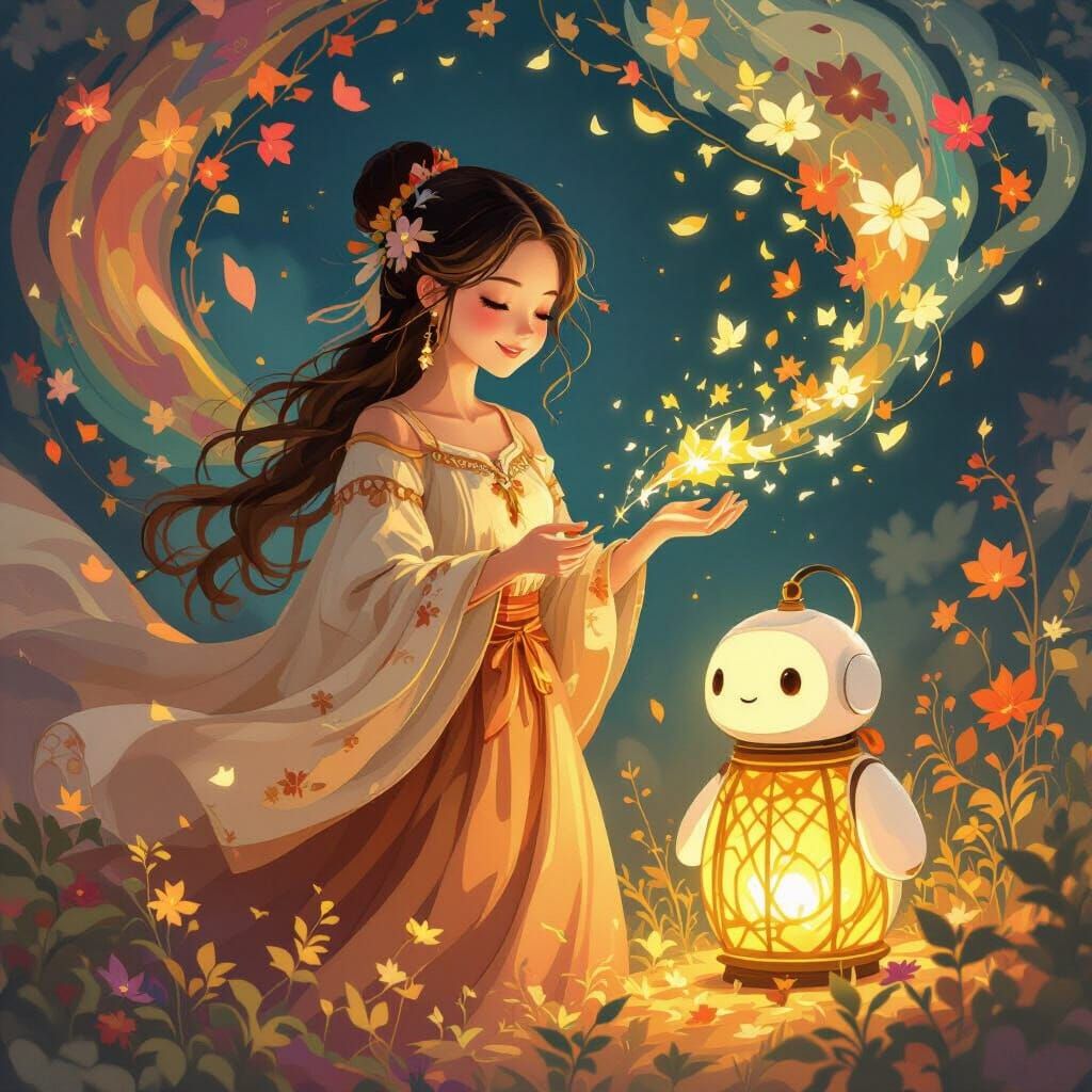 Joyful Creator and AI Companion in Painterly Style