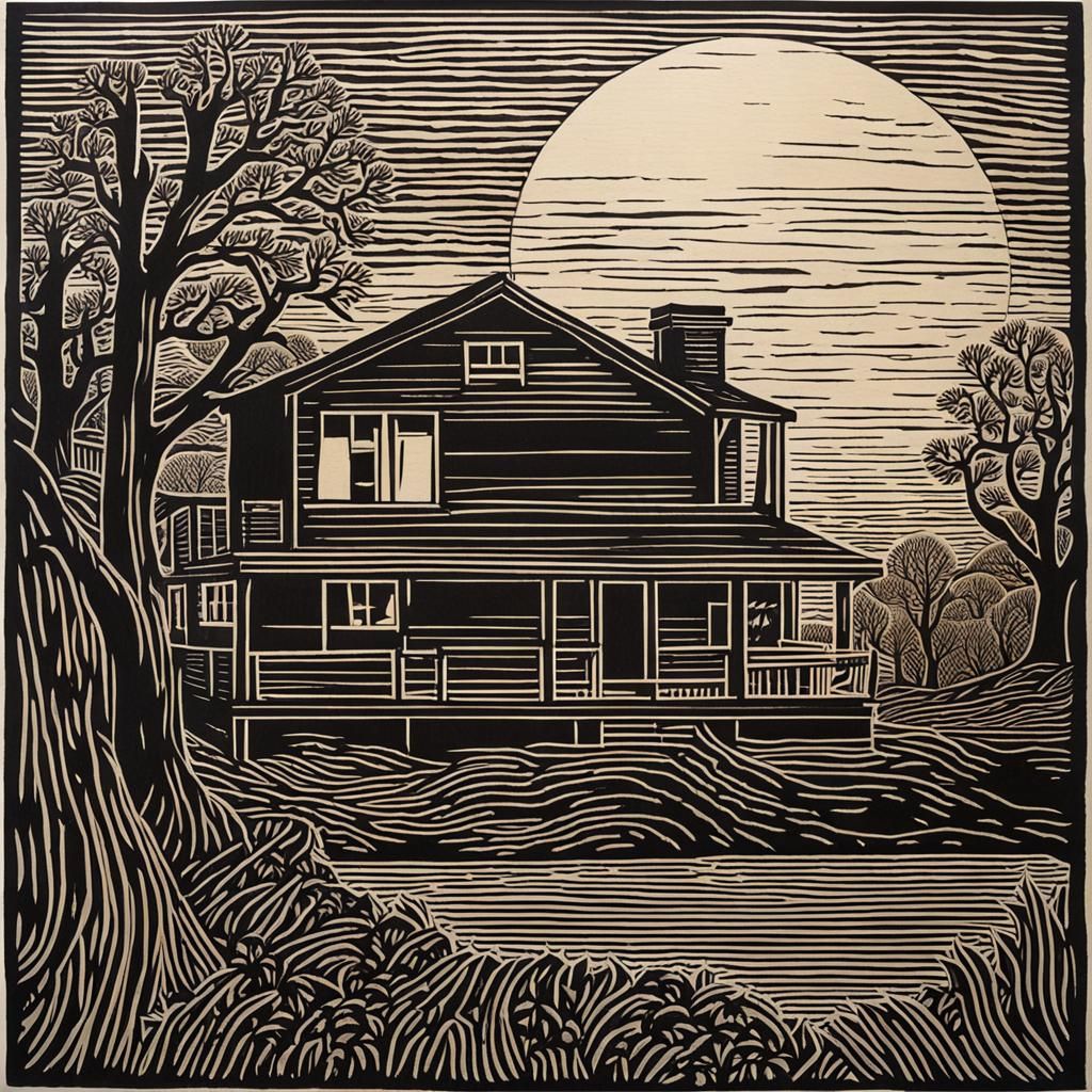 Woodcut Art: Rustic Cabin Print