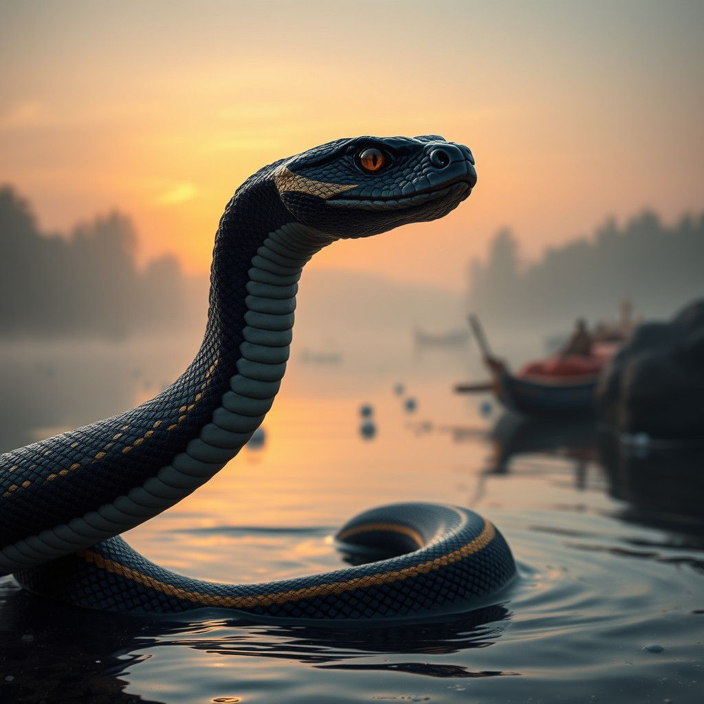 Mythical Black and Gold Snake in River at Dawn