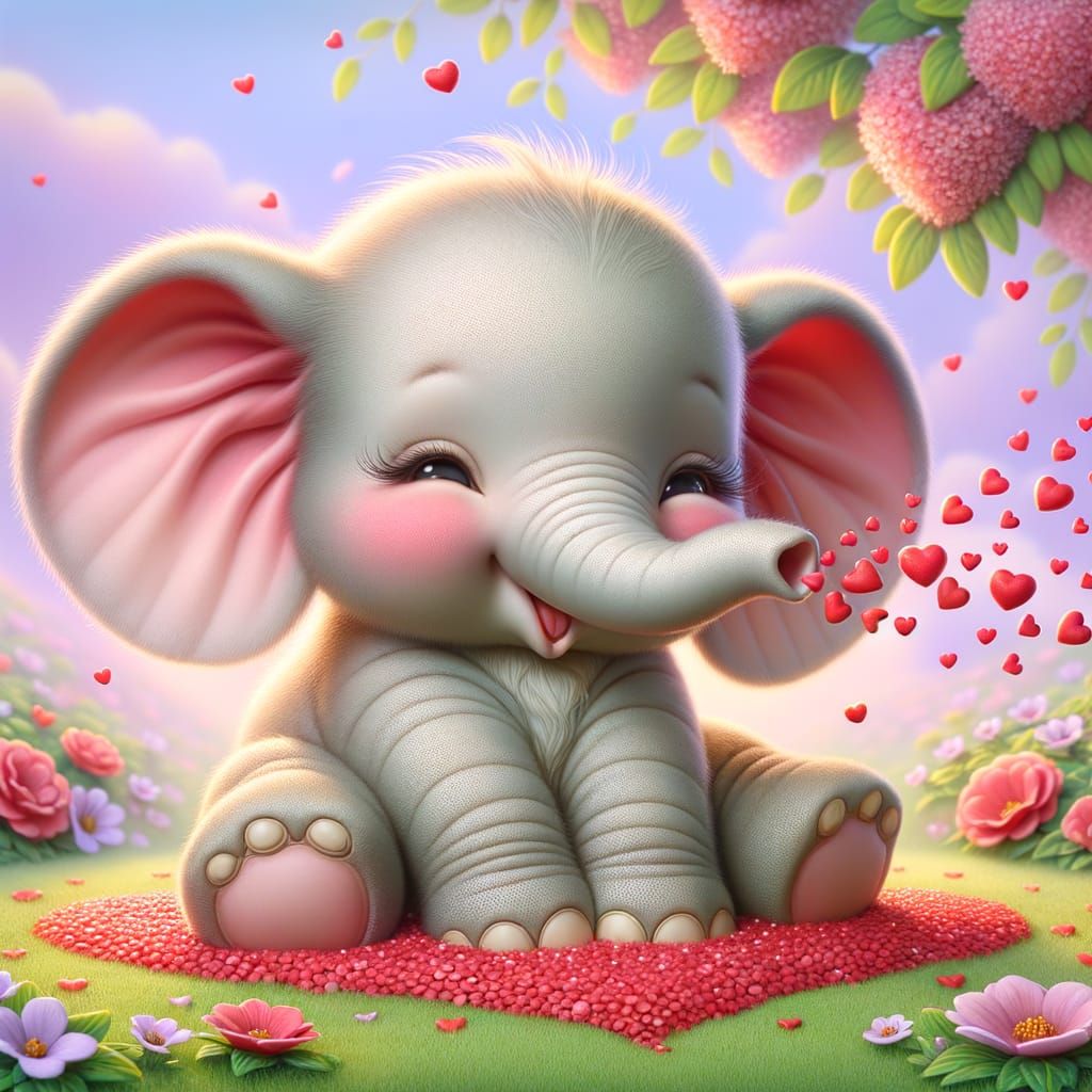 Cute Baby Elephant Blowing Hearts in a Dreamy Garden