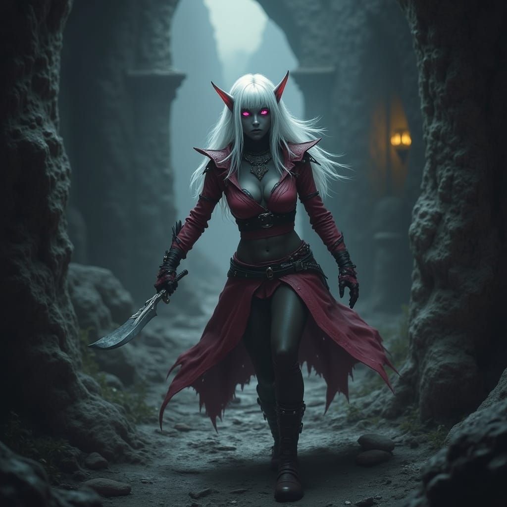 Drow Elf Lost in Dark Underground City