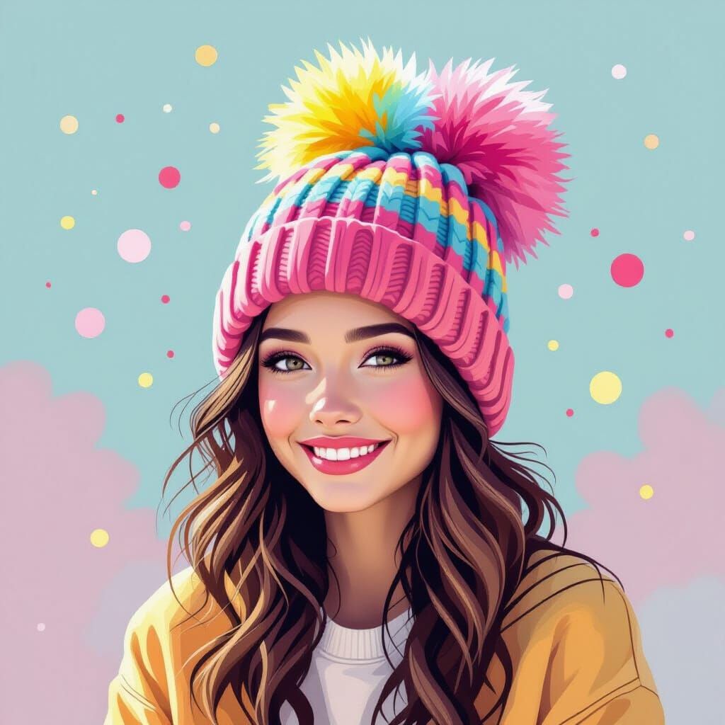 Colorful Pom Pom Beanie Portrait in Digital Art Style