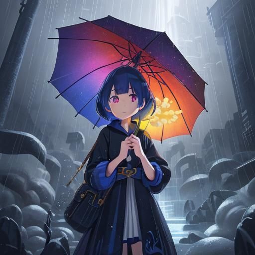 Anime Girl with Umbrella in Rain, Digital Art