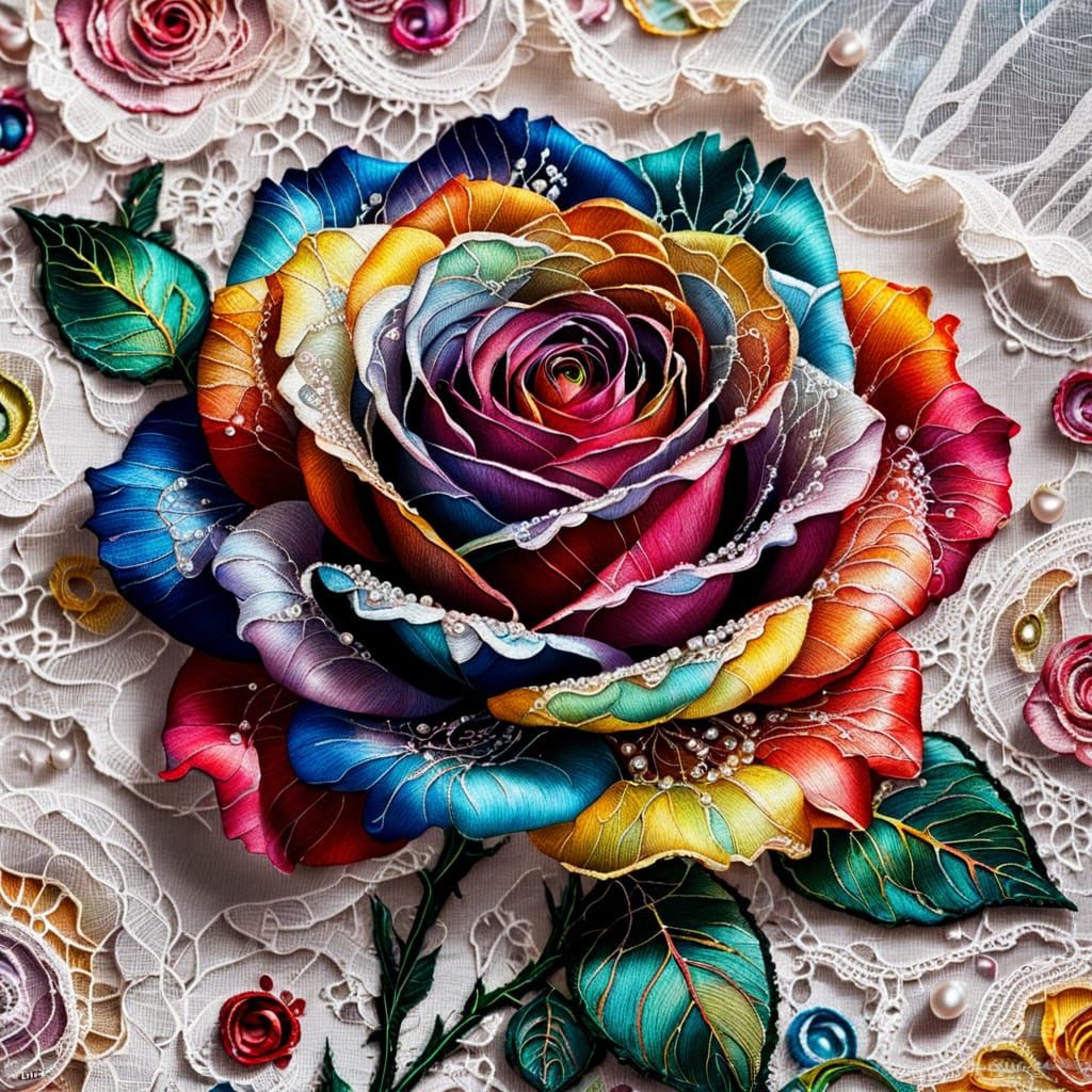 Vibrant Hyperrealistic Rose Blooms in Intricate Embroidered ...