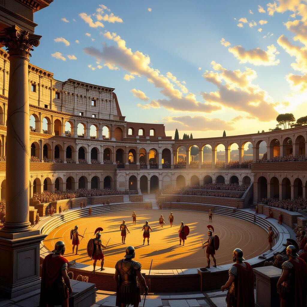 Roman Empire Gladiators in Colosseum at Golden Hour