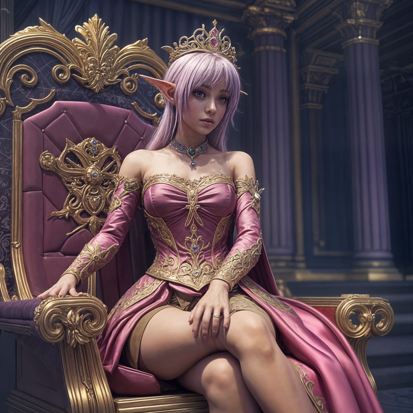 Elf Princess with Neon Pink Hair on Throne in 3D Anime Style