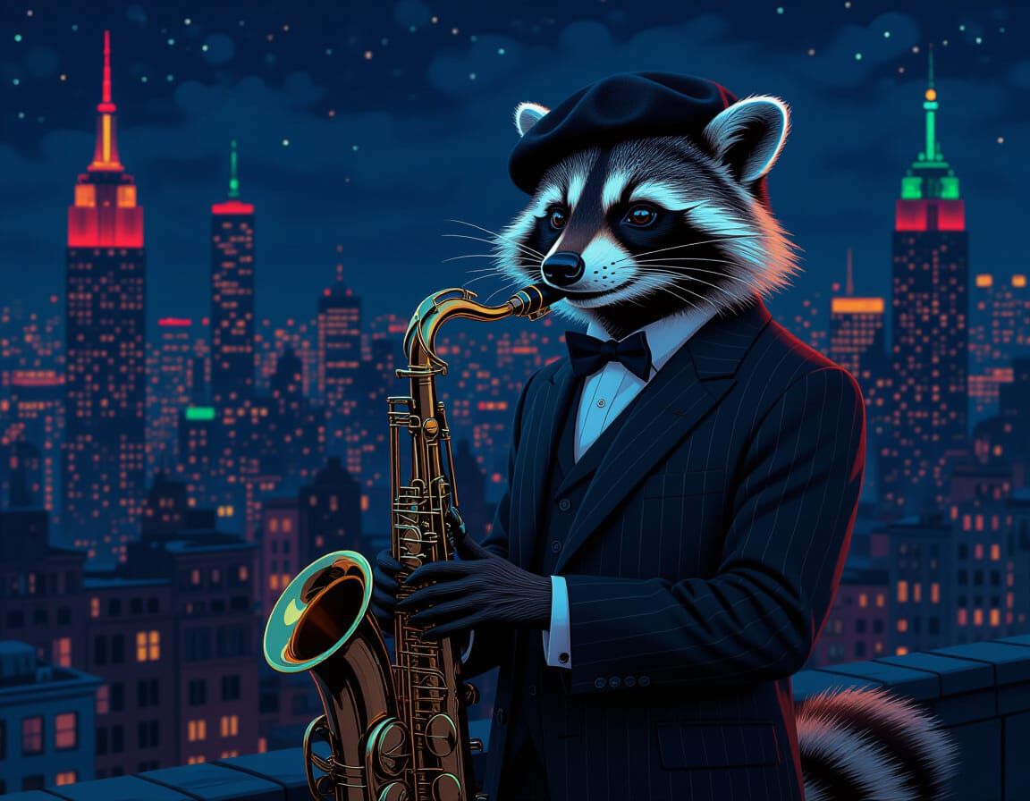 Raccoon Saxophonist in Cityscape, Klimt-Lempicka Style