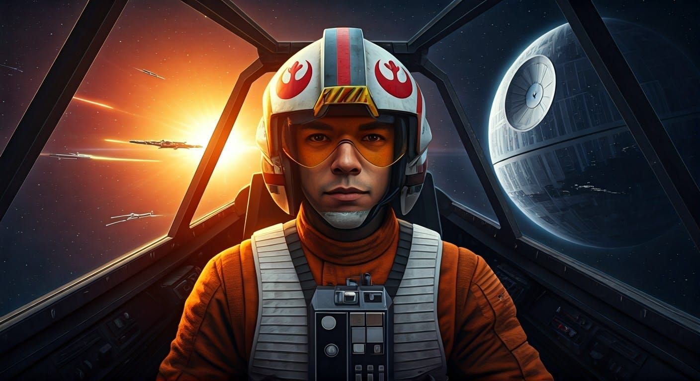 Rebel Pilot in X-Wing Cockpit During Space Battle