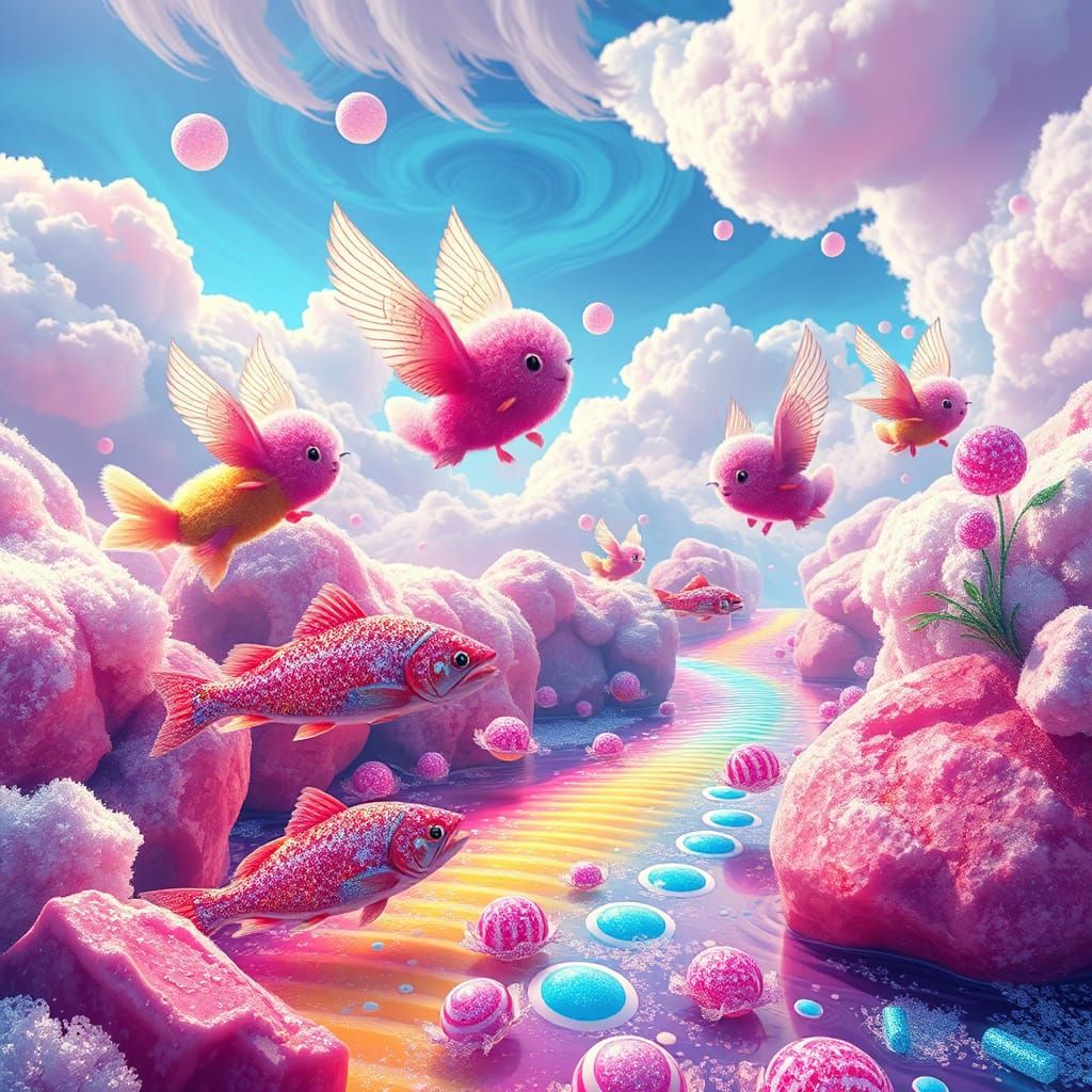 Candy Creatures Soaring Over Rainbow River