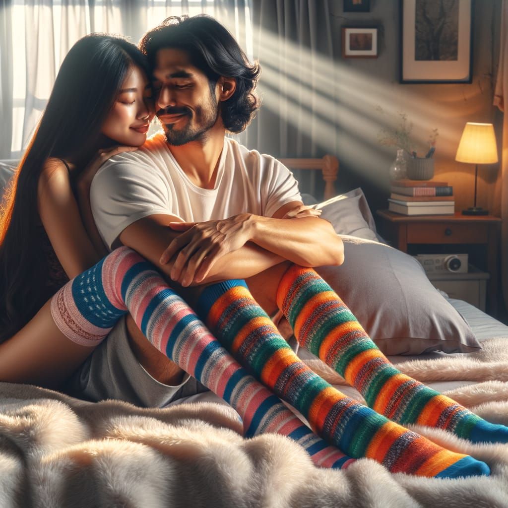 Couple Cuddling on Bed with Patterned Thigh-High Socks