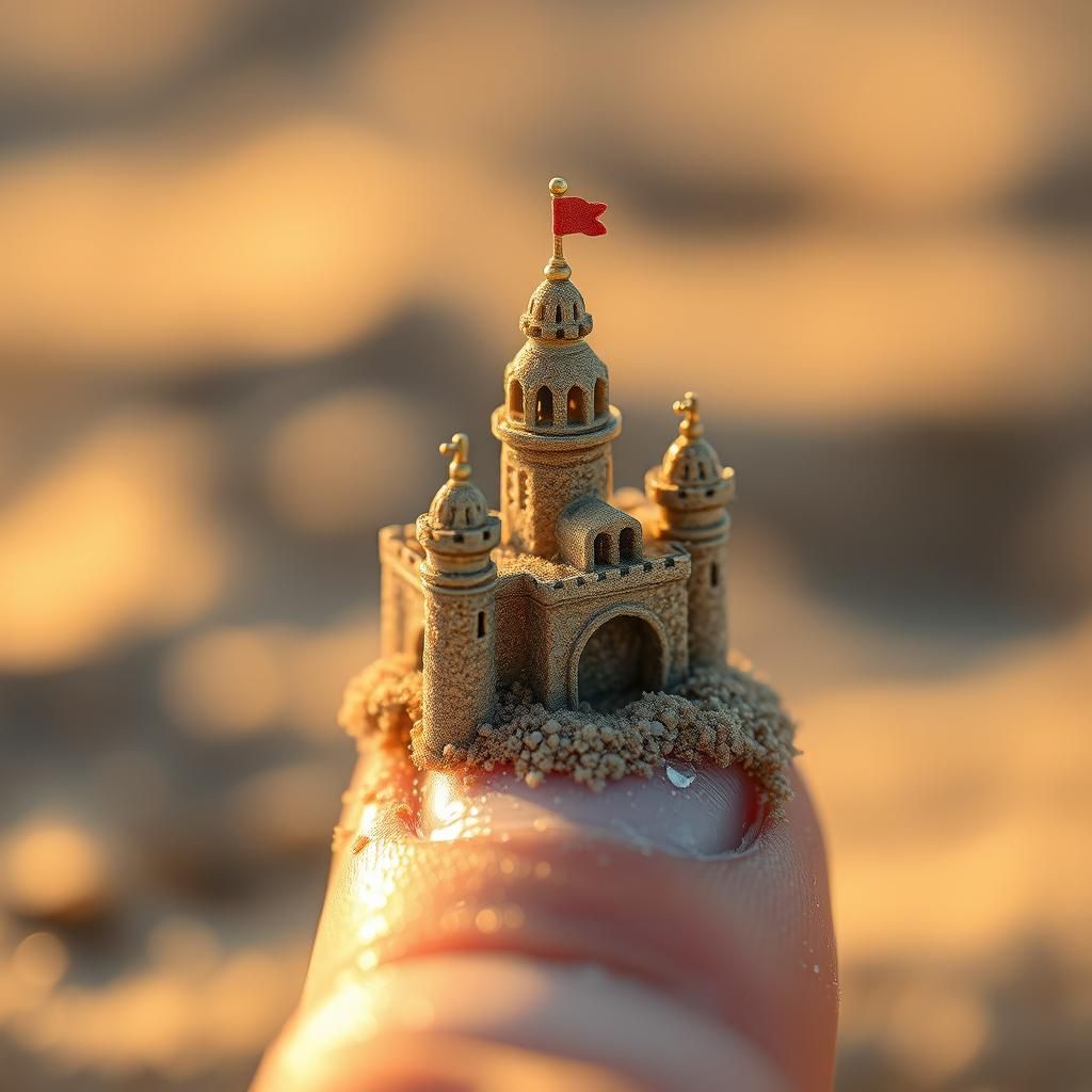 Macro Sandcastle on Finger in Dreamlike Style
