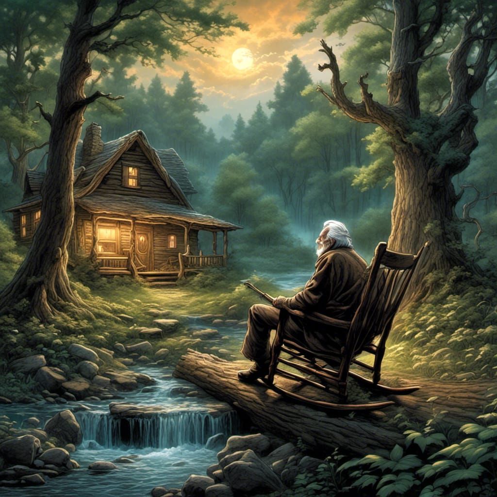 <lora:magical fairy:1.0> Nighttime and an Old man rocking in a rocking chair on the porch of his old broken down log cab...
