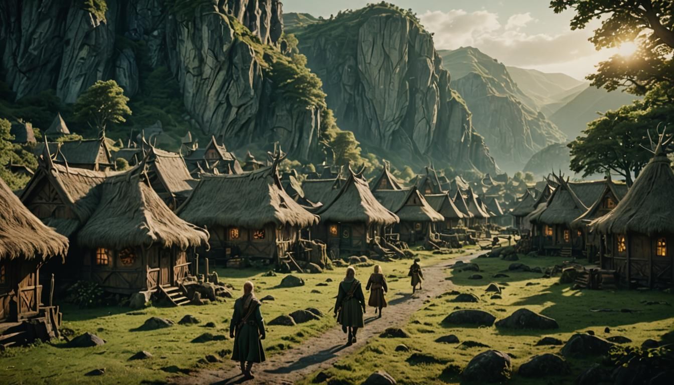 Dramatic Elven Village Cinematic Film Still