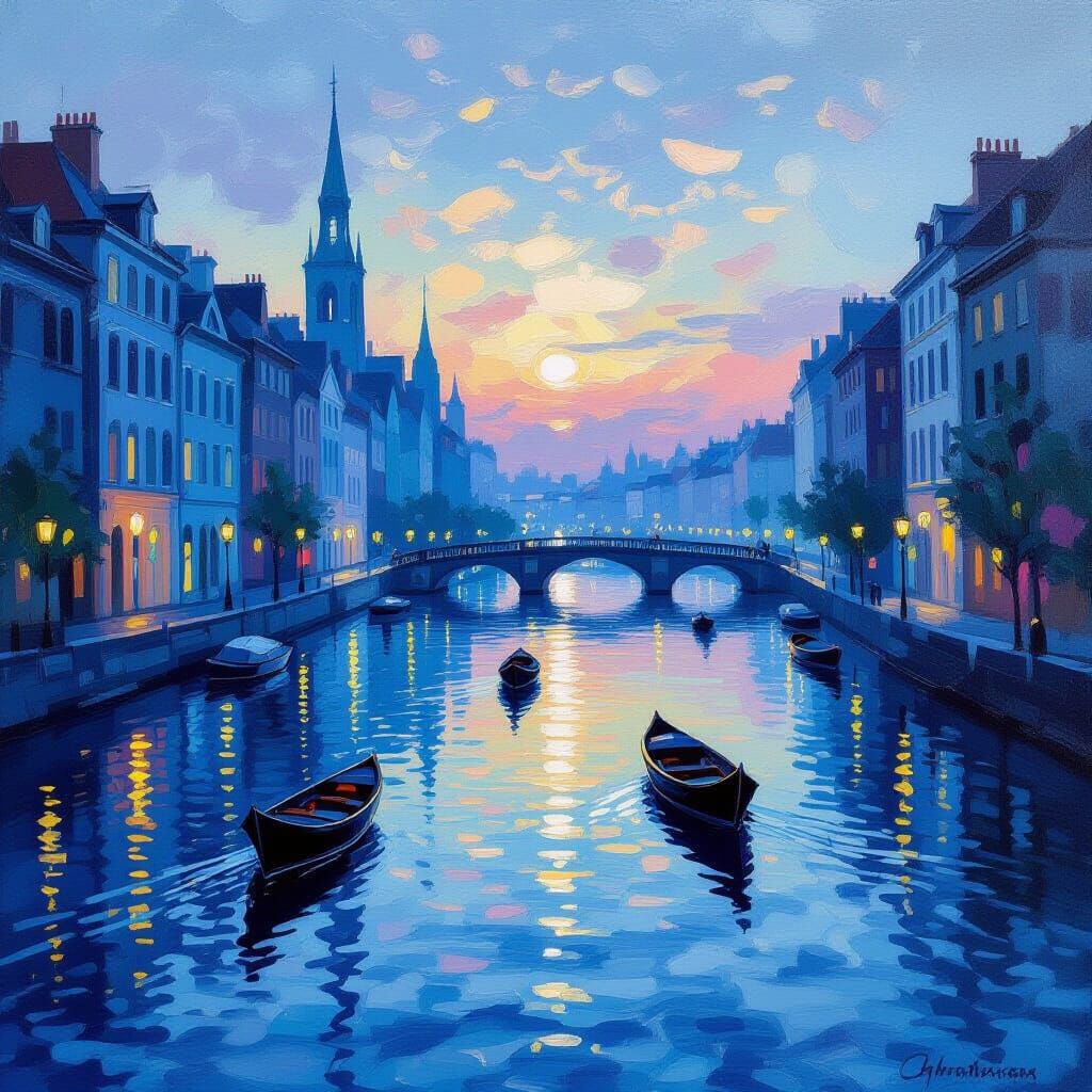 Water Cityscape at Twilight in Impressionistic Style