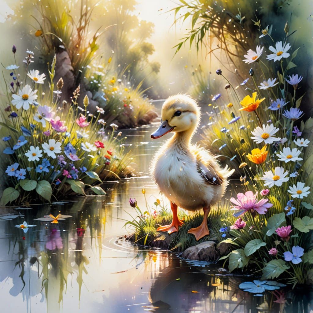 Whimsical Watercolor Duckling in a Sunlit Garden
